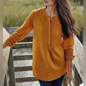 J.Jill Pintuck Dotted Swiss Long Sleeve Babydoll Mustard Button-Front Tunic Top